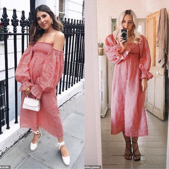 Sleeper Atlanta Linen Gingham Midi Dress Off Shoulder Red - Picture 3 of 10